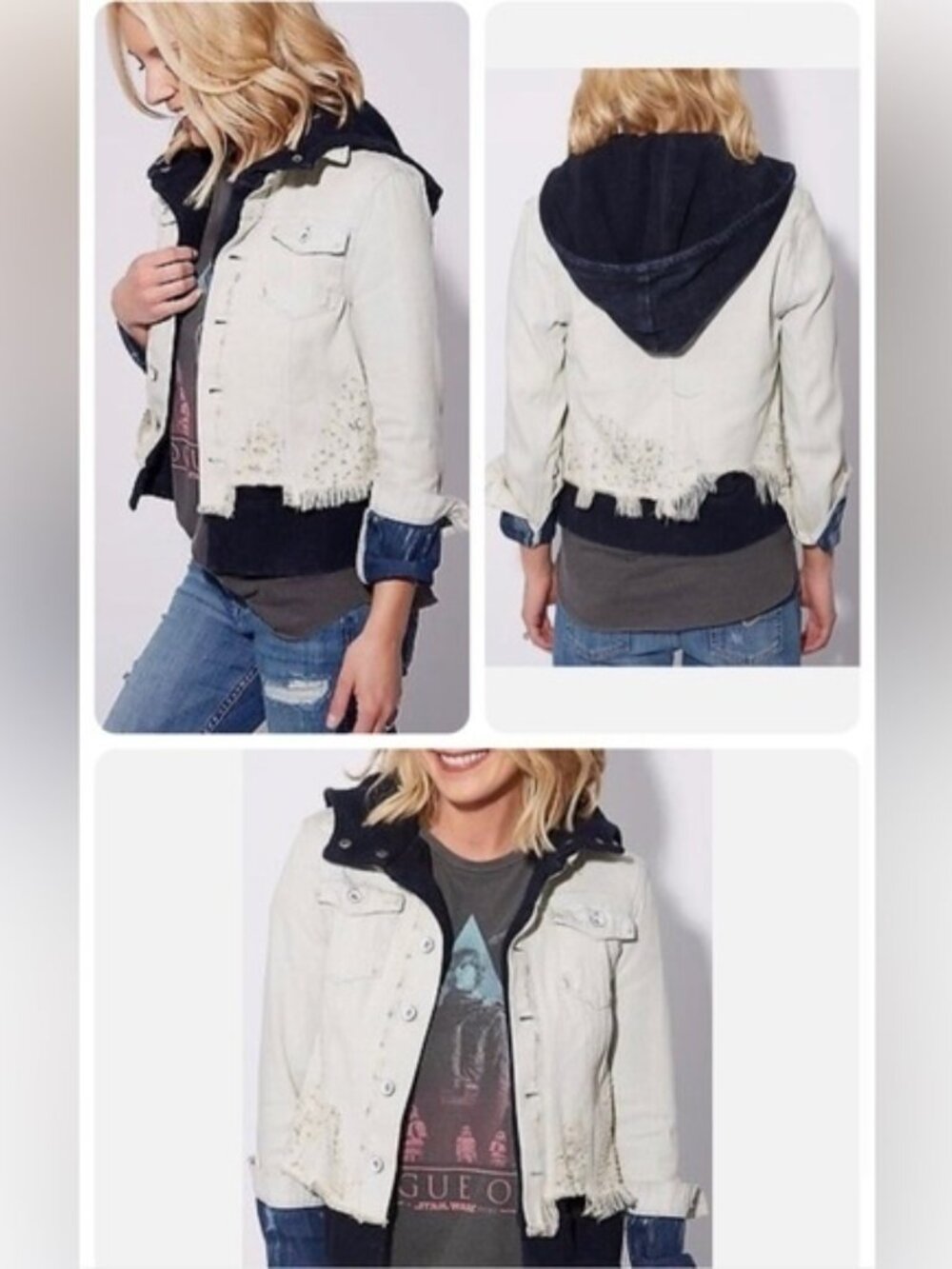 Free People Light Wash Distressed Denim Jacket w/Integrated Black Hoodie Small
